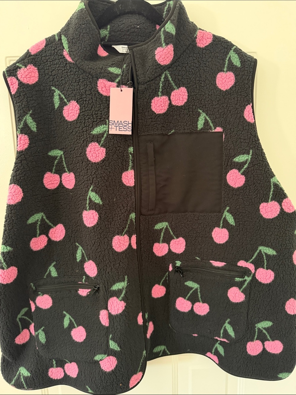Smash + Tess Kids Black Sherpa Vest with Pink Cherry Motif